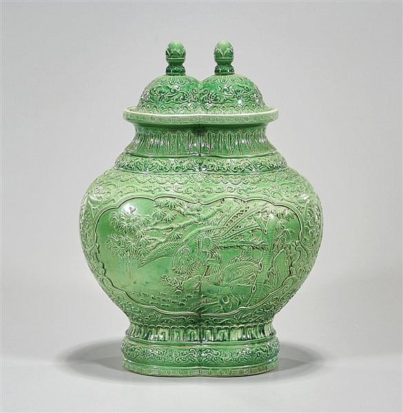 Chinese Green Glazed Porcelain Covered Conjoined Vase