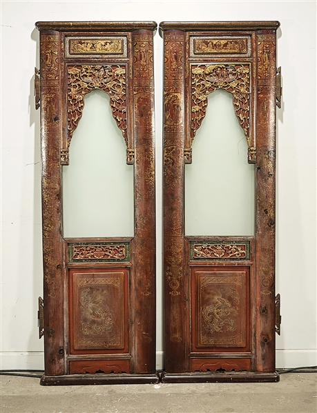 Pair Chinese Painted Wood and Glass Doors