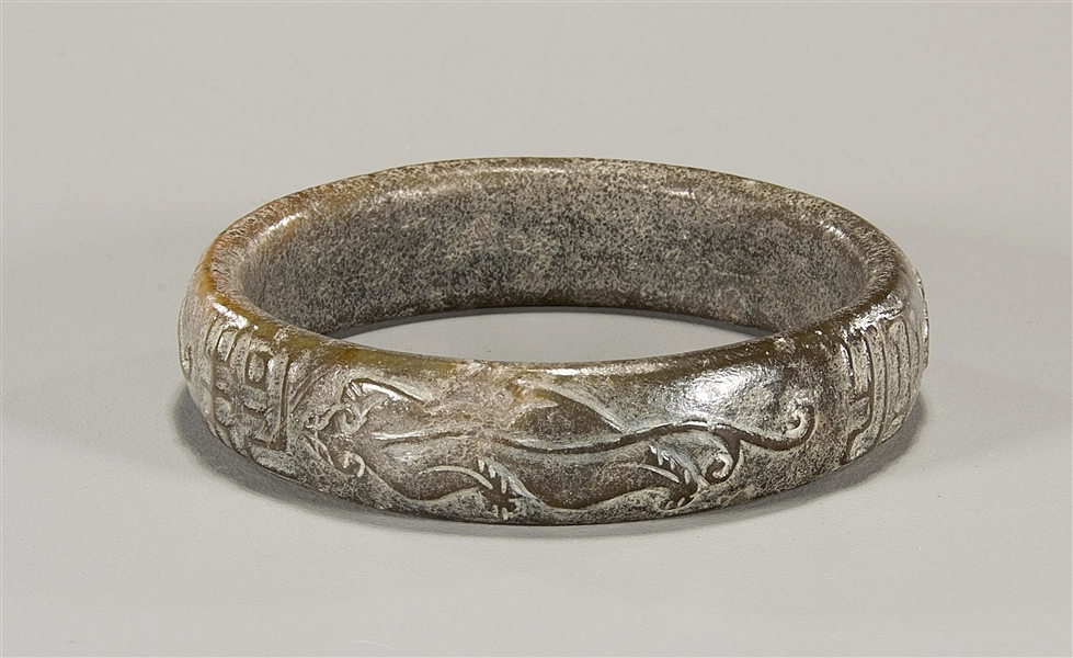 Chinese Carved Archaistic Jade or Hardstone Bangle