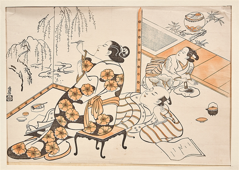 Two Antique Japanese Woodblock Prints by Torii Kiyonobu