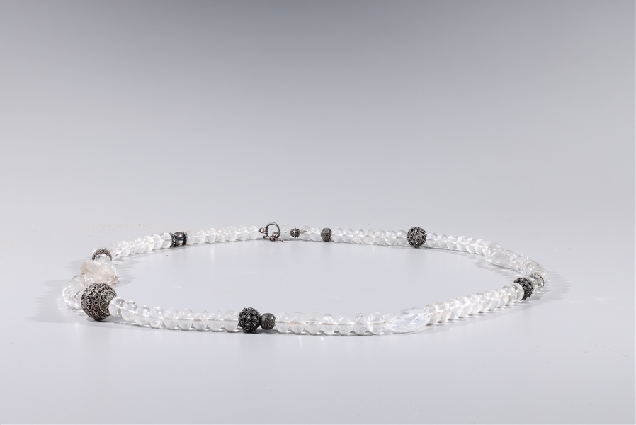 Strand Rock Crystal, White Metal Tibetan-Style Prayer Beads