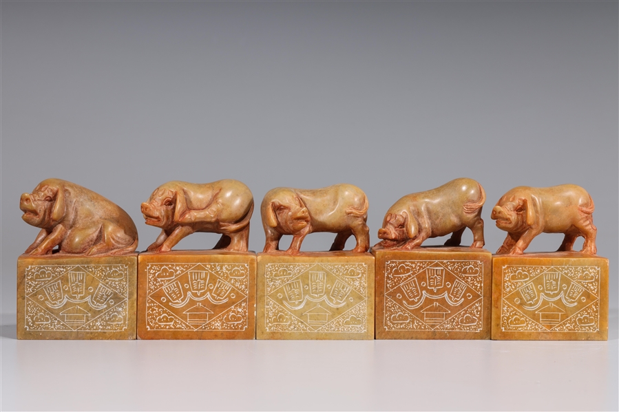 Group of Five Chinese Carved Soapstone Seals
