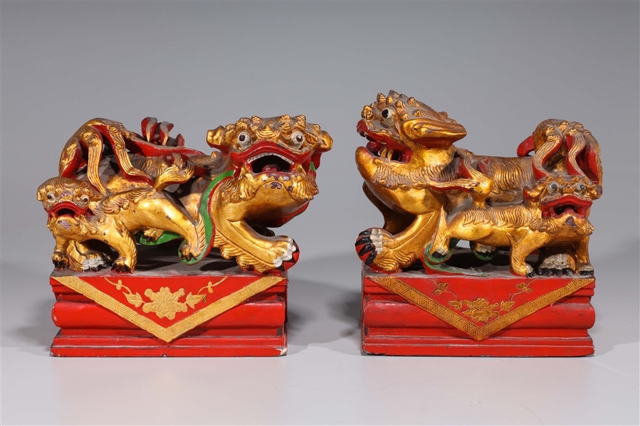 Pair Chinese Gilt Lacquer Stone Foo Lions