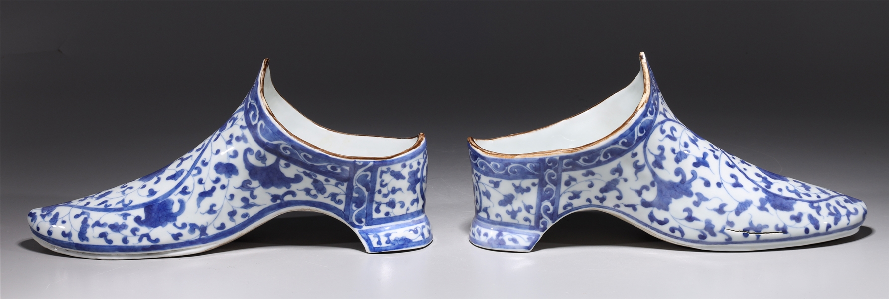 Pair of Chinese Blue & White Porcelain Shoes
