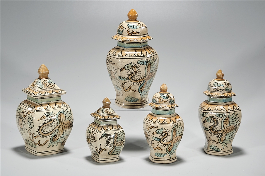 Group of Five Chinese Hand Painted Covered Vessels