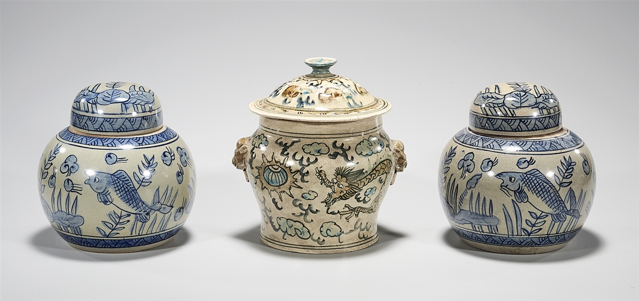 Group of Three Chinese Blue & White Covered Jars