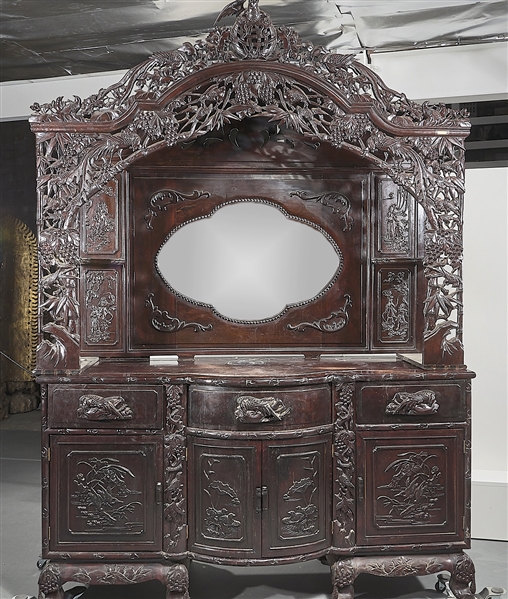 Massive Chinese Carved Hardwood Two-Piece Cabinet