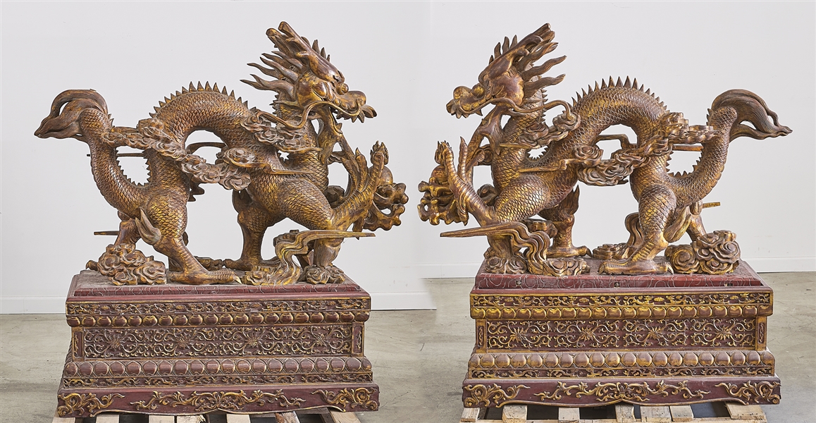 Pair Large Chinese Polychromed Carved Wood Dragons