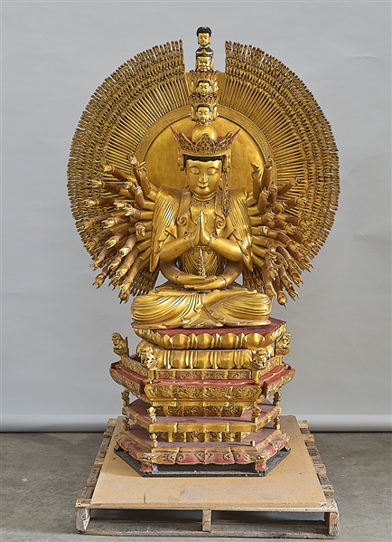 Large Chinese Gilt & Painted Wood Thousand-Armed Guanyin