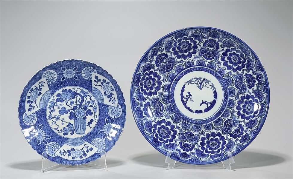 Two Antique Japanese Blue and White Imari Porcelain Chargers