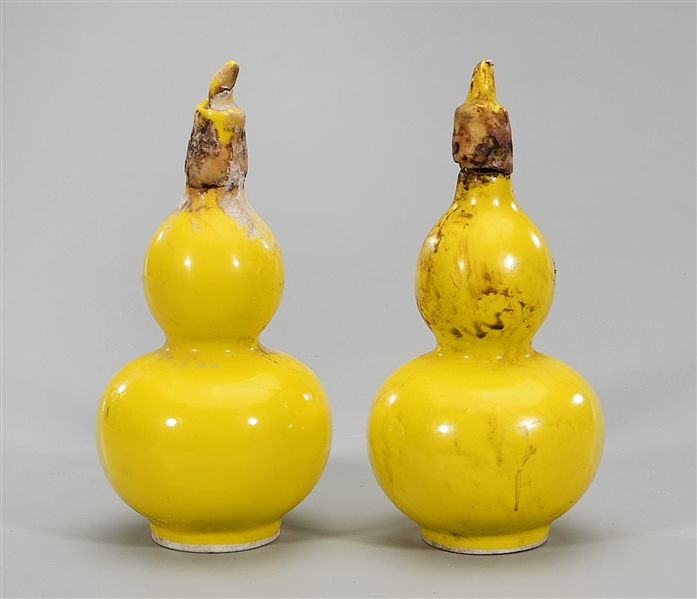 Pair Chinese Glazed Porcelain Double Gourd Covered  Vases