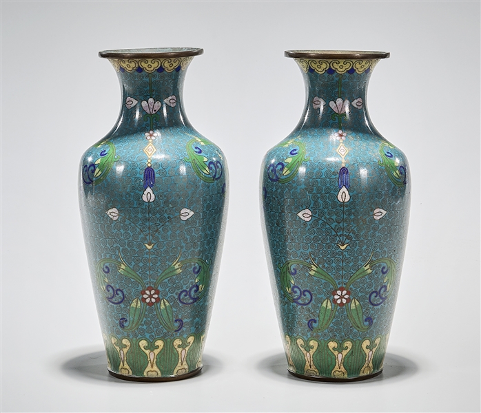 Pair Japanese Cloisonne on Copper Vases
