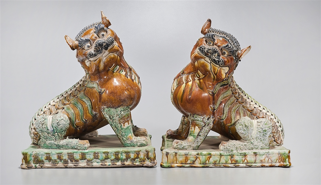 Pair Chinese Sancai Glazed Ceramic Lions