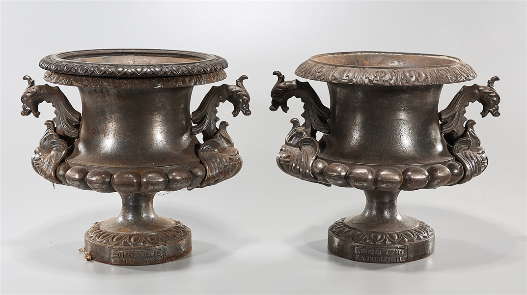 Pair of Alfred Corneau French Cast Iron Urns