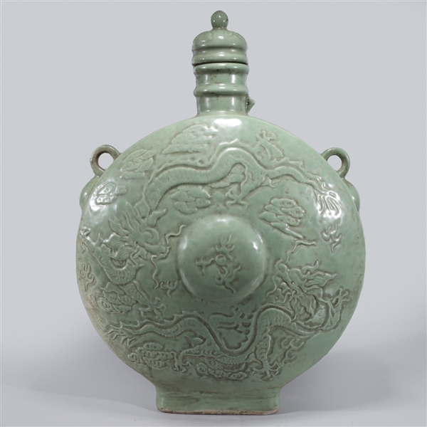 Large & Elaborate Chinese Celadon Glazed Covered Vase