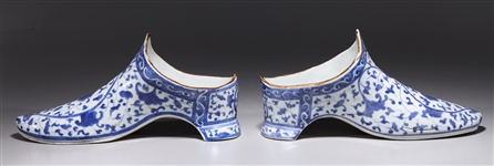 Pair of Chinese Blue & White Porcelain Shoes