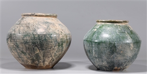 Two Chinese Early Style Green Crackle Glazed Ceramic Vessels