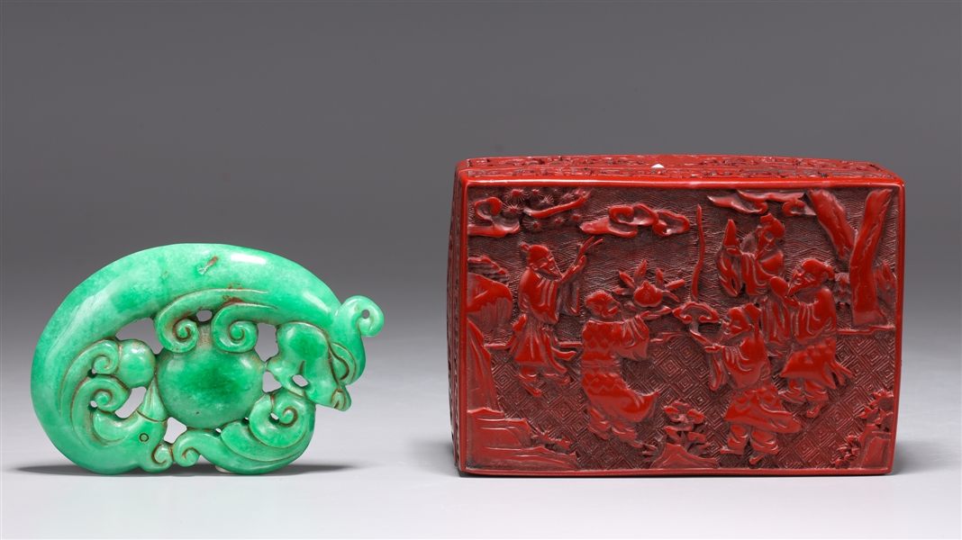 Chinese Carved Jadeite Toggle in Lacquer-Like Box
