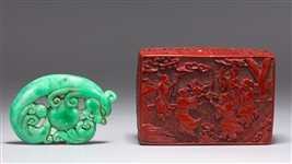 Chinese Carved Jadeite Toggle in Lacquer-Like Box
