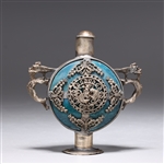 Antique Chinese Blue with Metal Overlay Snuff Bottle