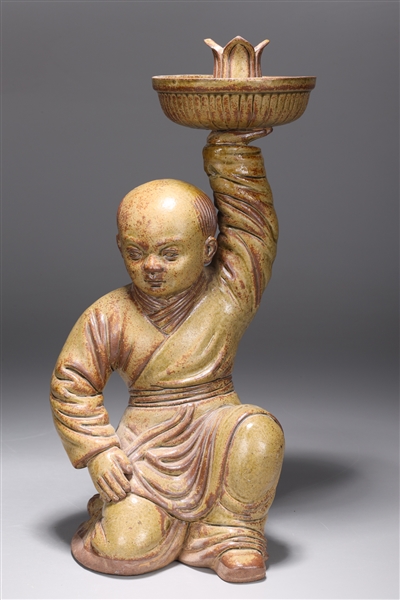 Chinese Glazed Ceramic Candlestick of Boy