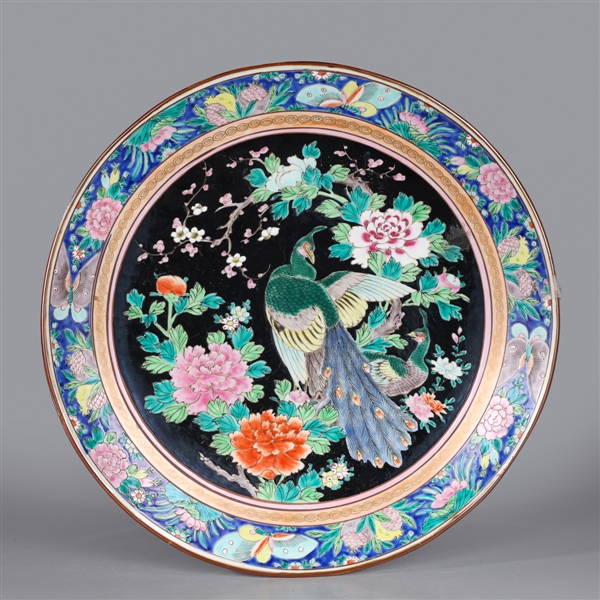 Antique Japanese Polychrome Peacock & Floral Porcelain Charger