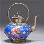 Chinese Vintage Porcelain & Metal Teapot