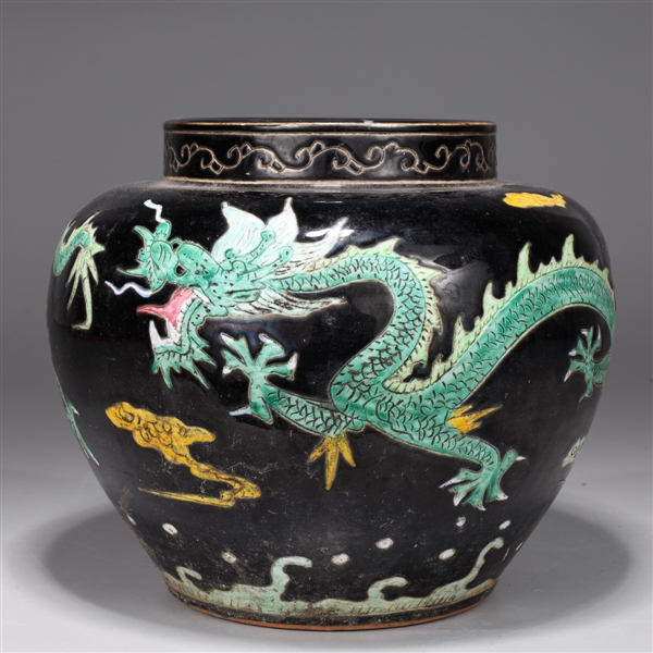 Chinese Black Ceramic Vase w/ Dragon