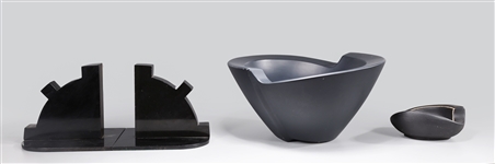 Group of Three Black Art Deco Motif Bowls & Cog Bookends