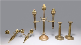 Group of Five Antique Brass Candlesticks & Sconces