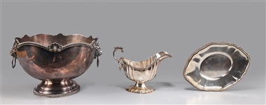 Group of Three Electroplated Silver on Copper Gravy Boat, Dish, and Ice Bucket