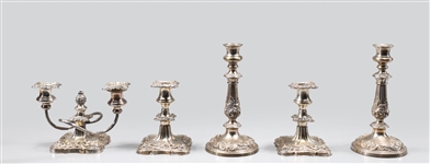 Group of Five Antique Silver Plate Candlesticks and Candelabra, D.S, Gorham