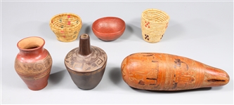 Group of Six Ethnographic Collectibles, Pottery, Basketry