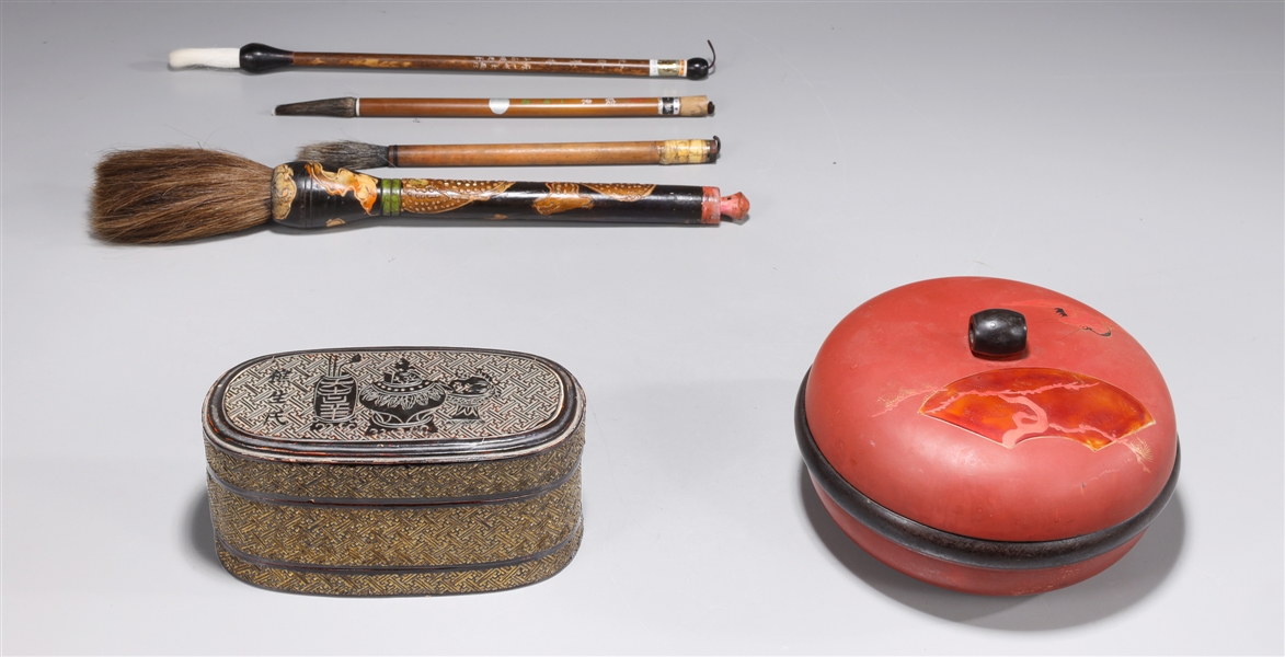 Group of Six Lacquer Boxes & Chinese Calligraphy Brushes