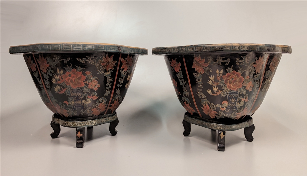 Pair of Black Lacquered Flower Pots with Stands