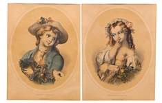 Pair German Hand Painted Lithograph Portraits
