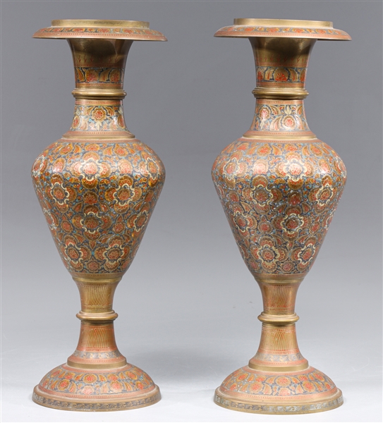Pair Indian Etched Brass Vases