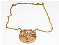 Vintage 23K Gold 50 Peso Coin With Diamonds on 22K Gold Chain