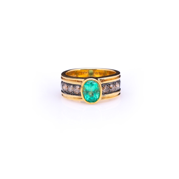 18K Yellow Gold Emerald & Diamond Ring by Carlo Rici