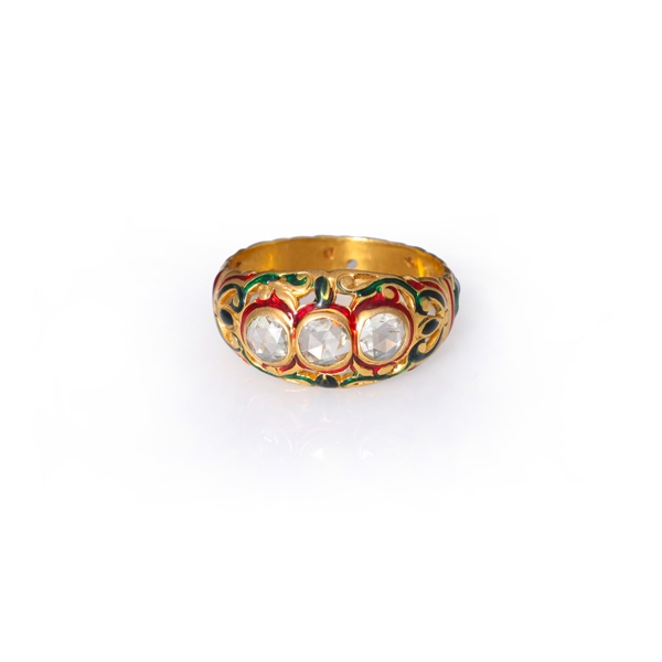 Vintage Southeast Asian 22k Yellow Gold & Enamel Diamond Ring