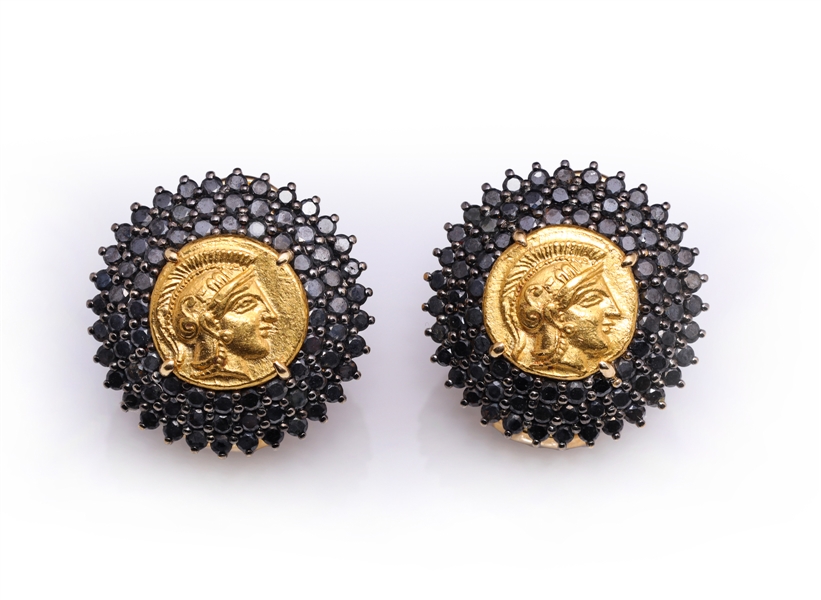18K Yellow Gold & Black Diamond Earrings Set With Ancient Greek Gold Coins by Carlo Rici