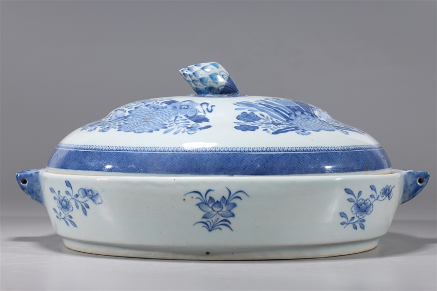 Large Antique Chinese Blue & White Porcelain Warming Dish