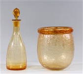 Group of Two Vintage Amber Glass Decanter and Vase