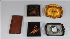 Group of Five Vintage Trays, Japanese, Russian